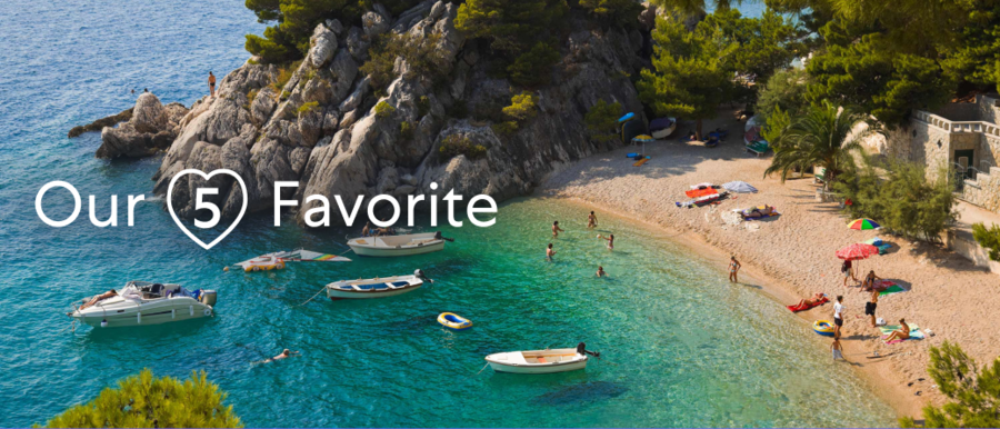 Aerial shot of a cove with boats and people lounging on the beach. There is text overlay that reads: Our five favorites