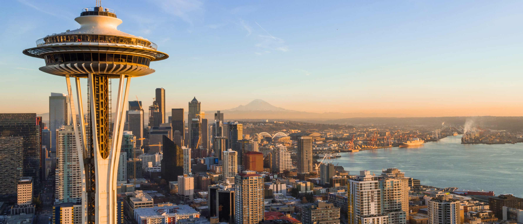 The Space Needle in Seattle, with Mount Rainier in the background