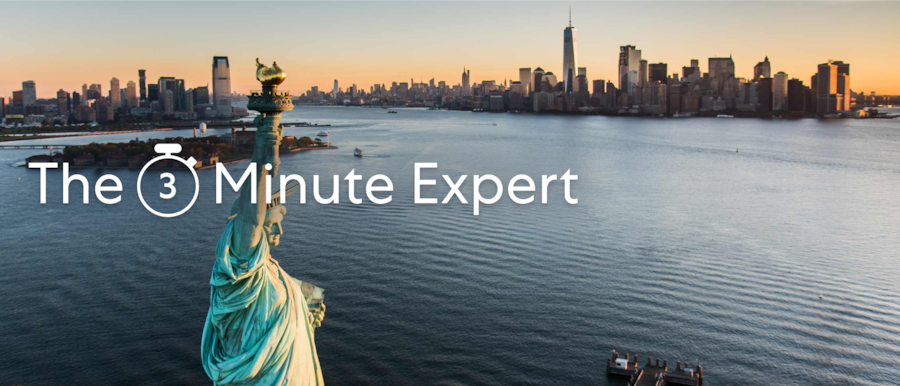 Aerial view of New York City from the harbor, with the Statue of Liberty in the foreground. A superimposed title reads: The 3 minute expert.