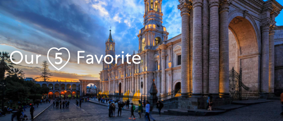 The Plaza de Armas of Guadalajara, Mexico at dusk. A superimposed title reads: Our 5 favorite.