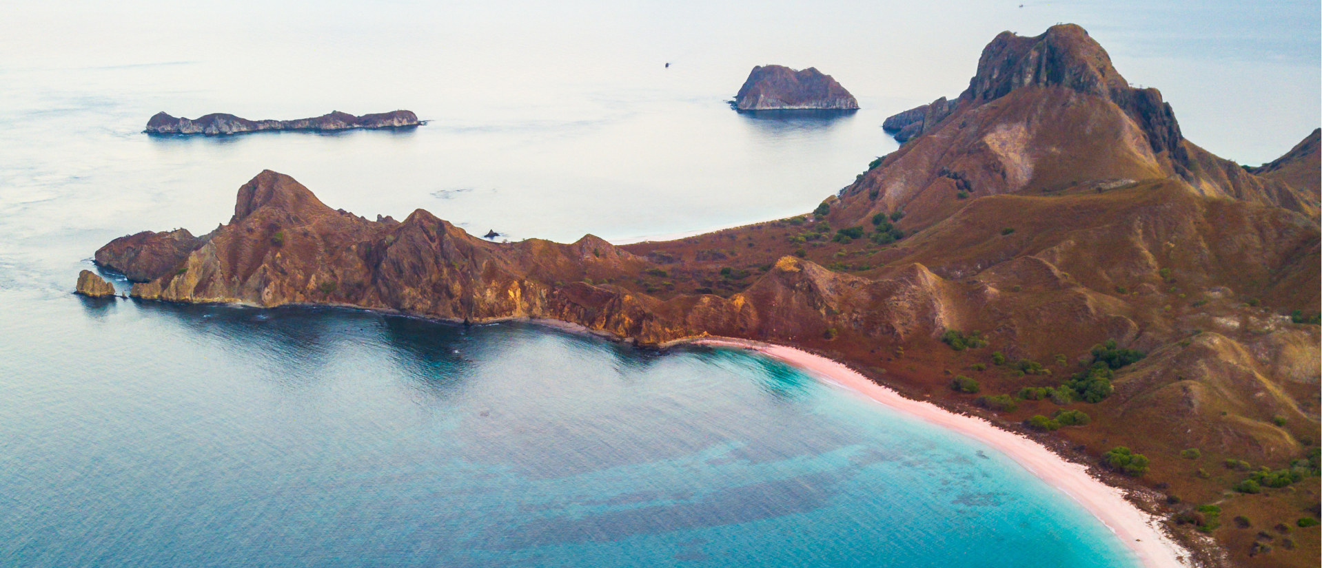 Aerial view of Pink Sands Beach, located in Indonesia.