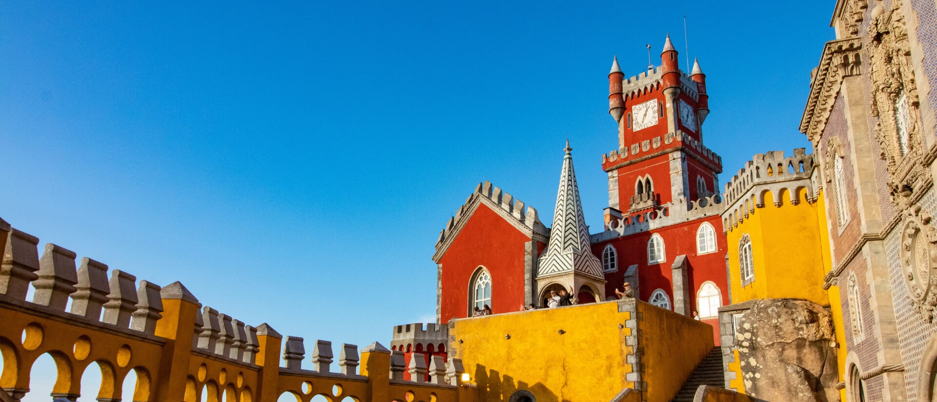 Ground view looking up at the Pena Palace in Portugal.