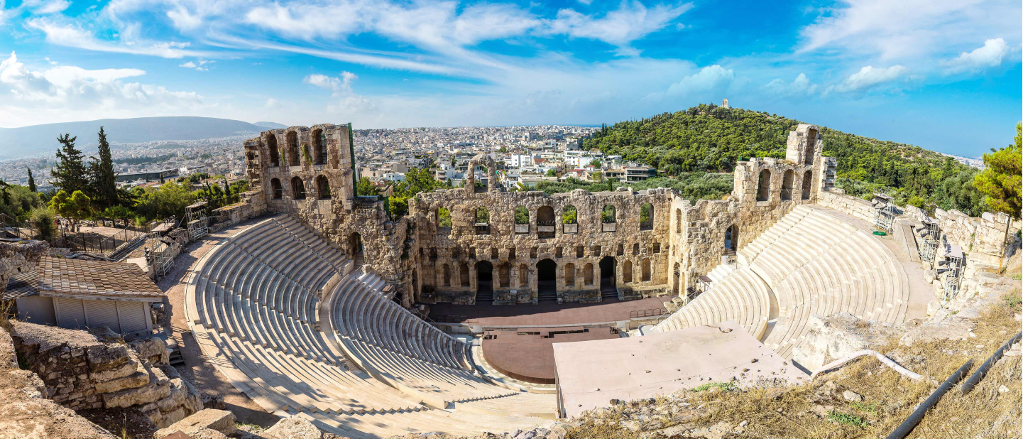 Arial view looking down on the Theatre of Dionysus in Athens, Greece.
