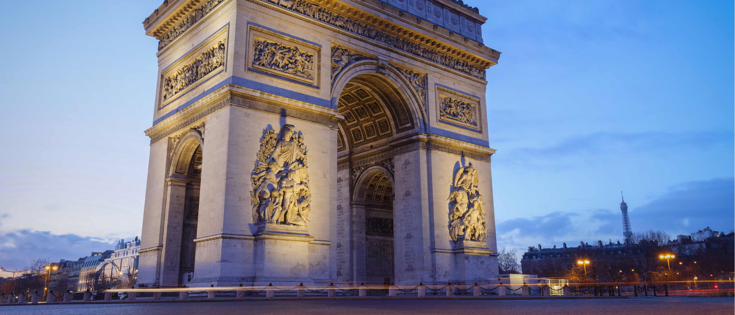 Ground view of the The Arc de Triomphe in Paris, France at dusk.