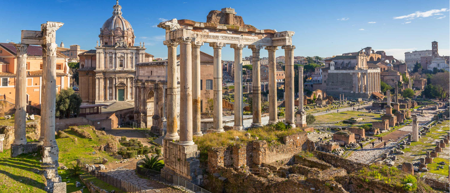 Exterior view of the ancient Roman Forum in Rome, Italy.