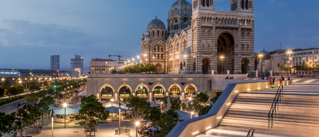 An evening view of the Marseille Cathedral in Marseille, France.