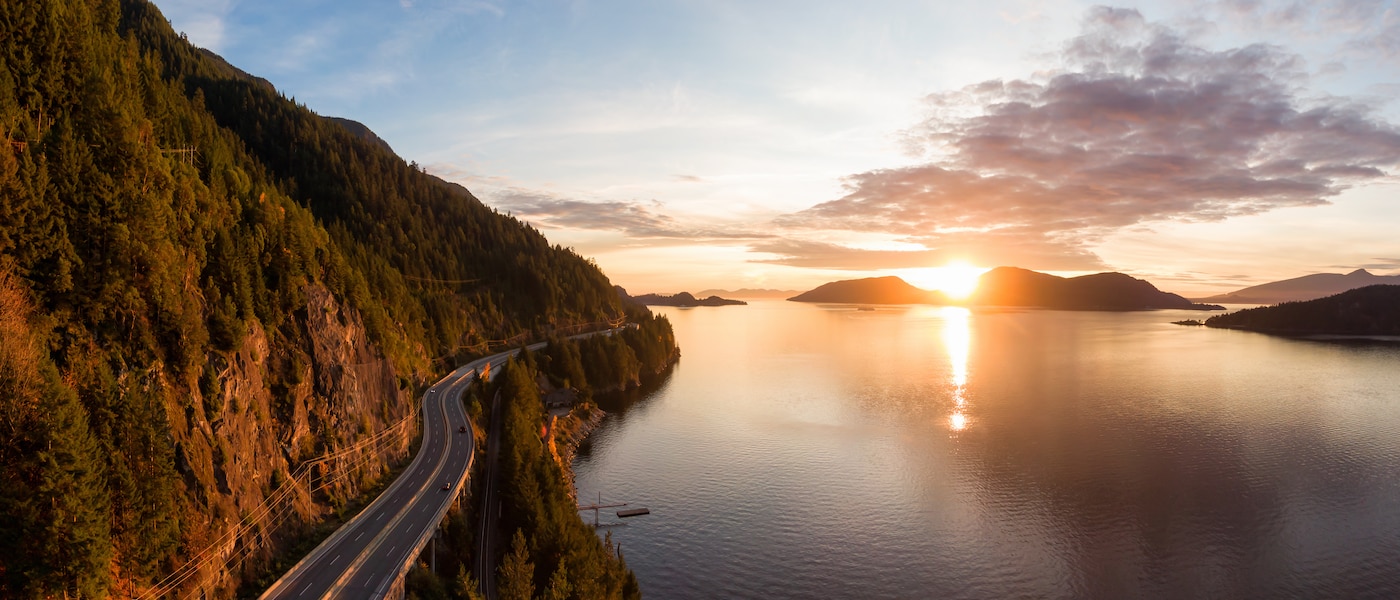 Scenic lake view at sunset.
