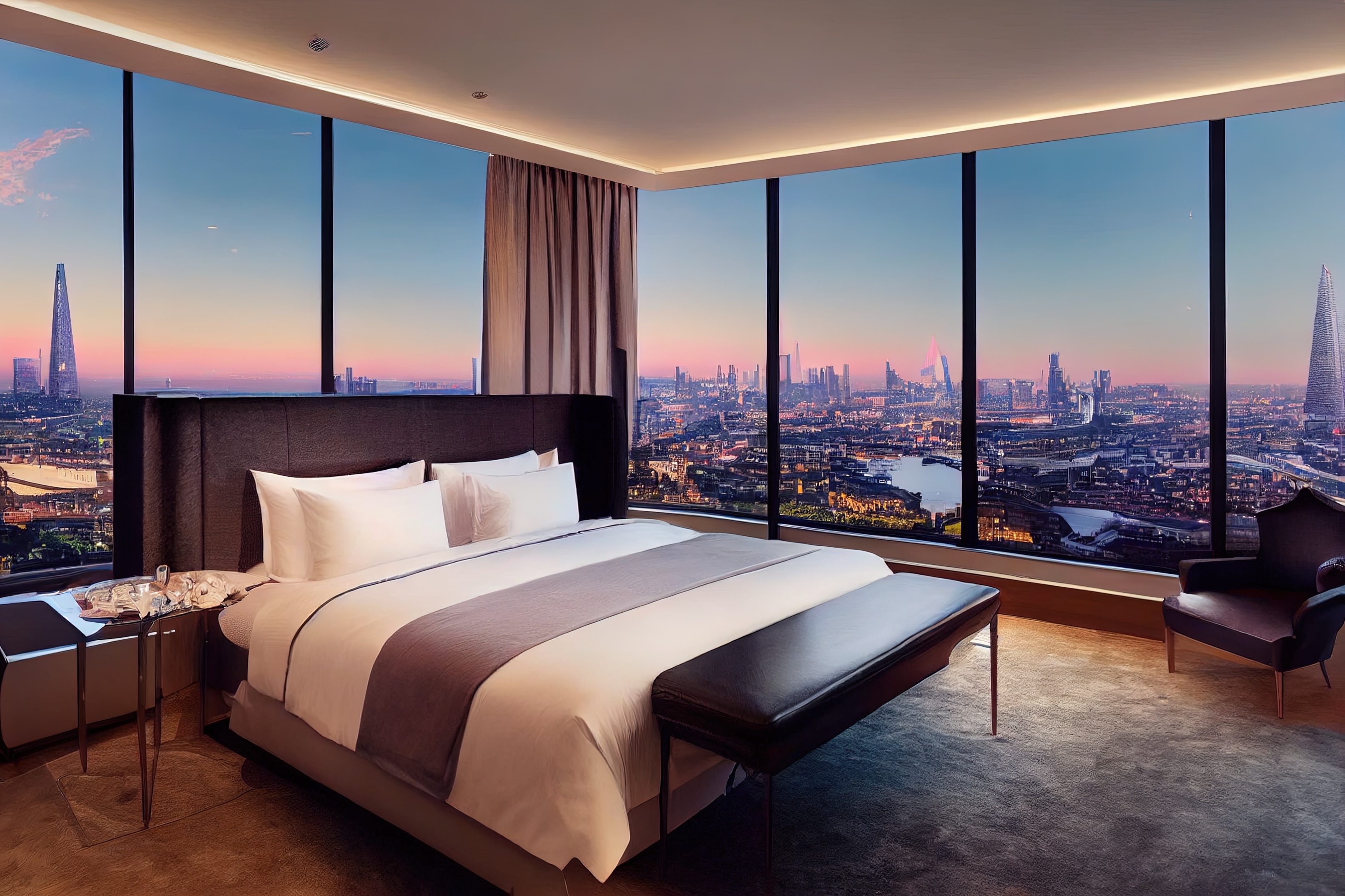 Luxury Hotel room with a bed and city view.