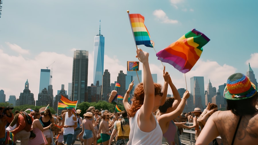 rainbow coloured pride flags with new york skyscraper background