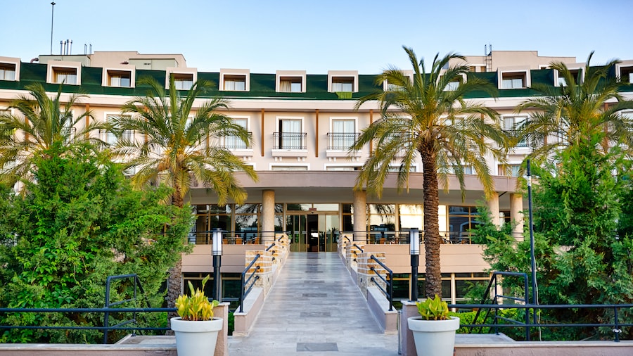 Palm trees and a walk way lead up the a hotel entrance.