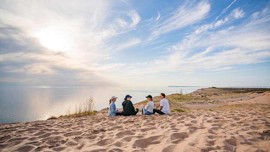 Visitors atop Sleeping Bear Dunes National Lakeshore near Traverse City, Michigan