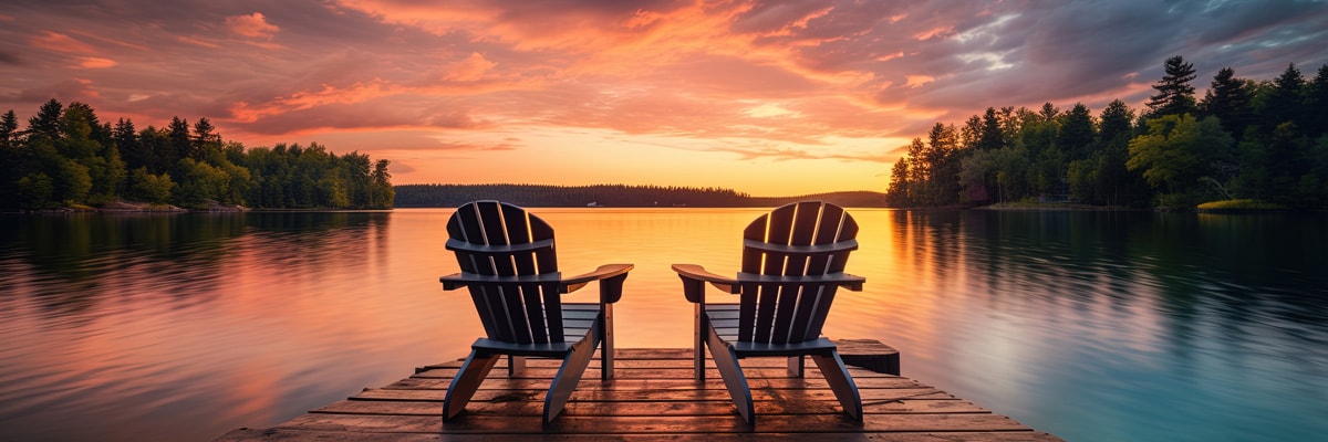 Two deckchairs overlooking water in sunset