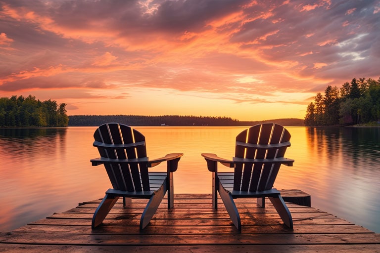 Two deckchairs overlooking water in sunset