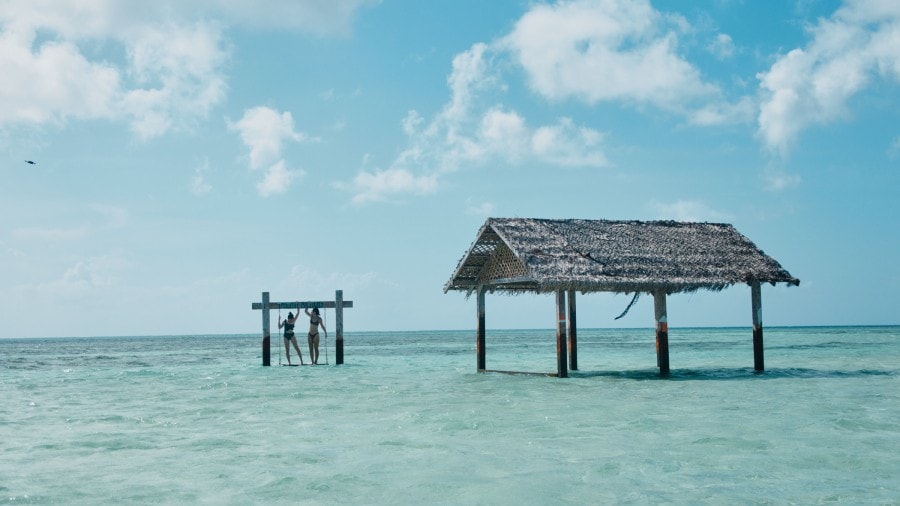 A group of people standing in the water