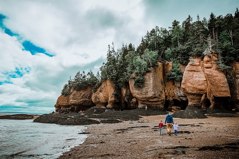 A family explores a scenic, rocky beach.