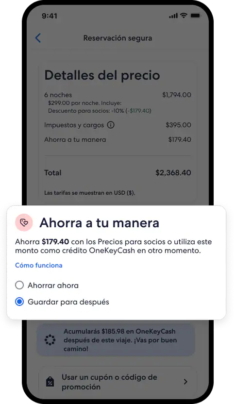Resumen de reservación con detalles sobre las opciones de ahorro, como ahorrar ahora o elegir un esquema de recompensas para el futuro.