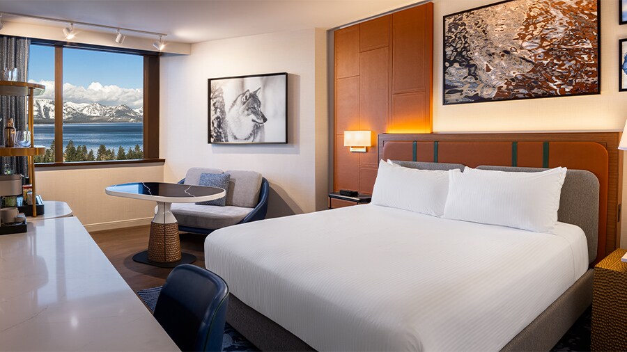 A room with a bed and a table