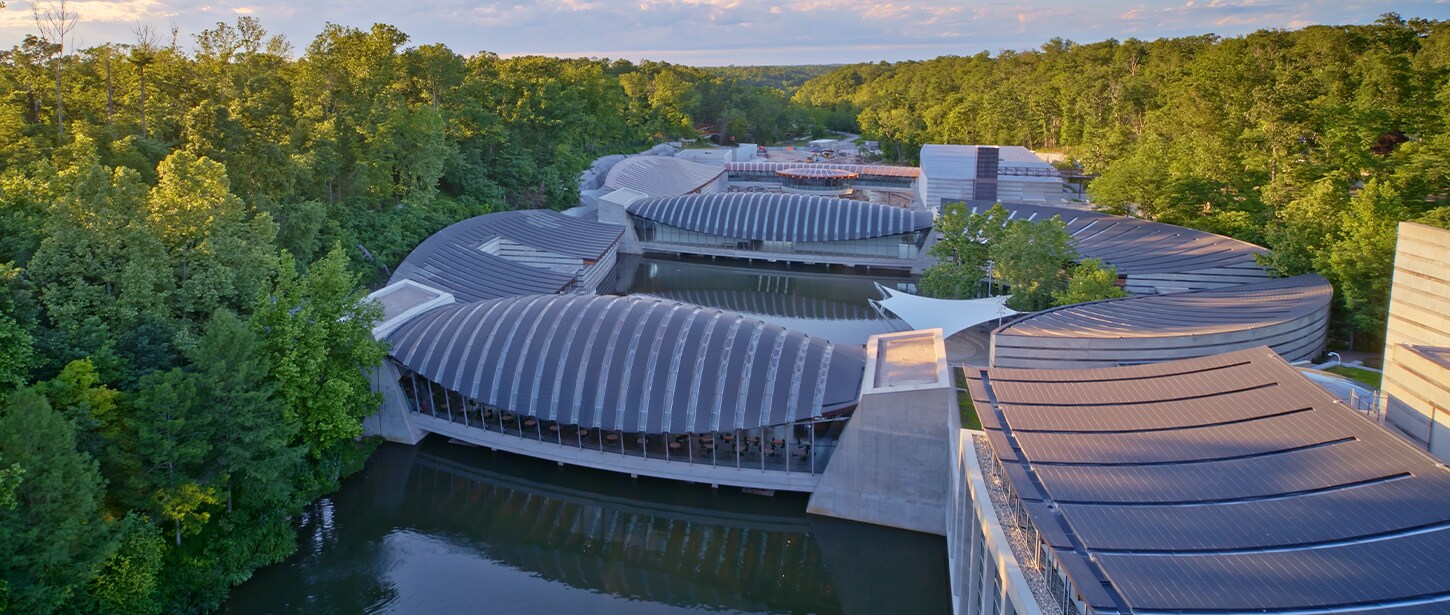 Aerial view of a modern museum with curved, ribbed roofs surrounded by dense green forest and water