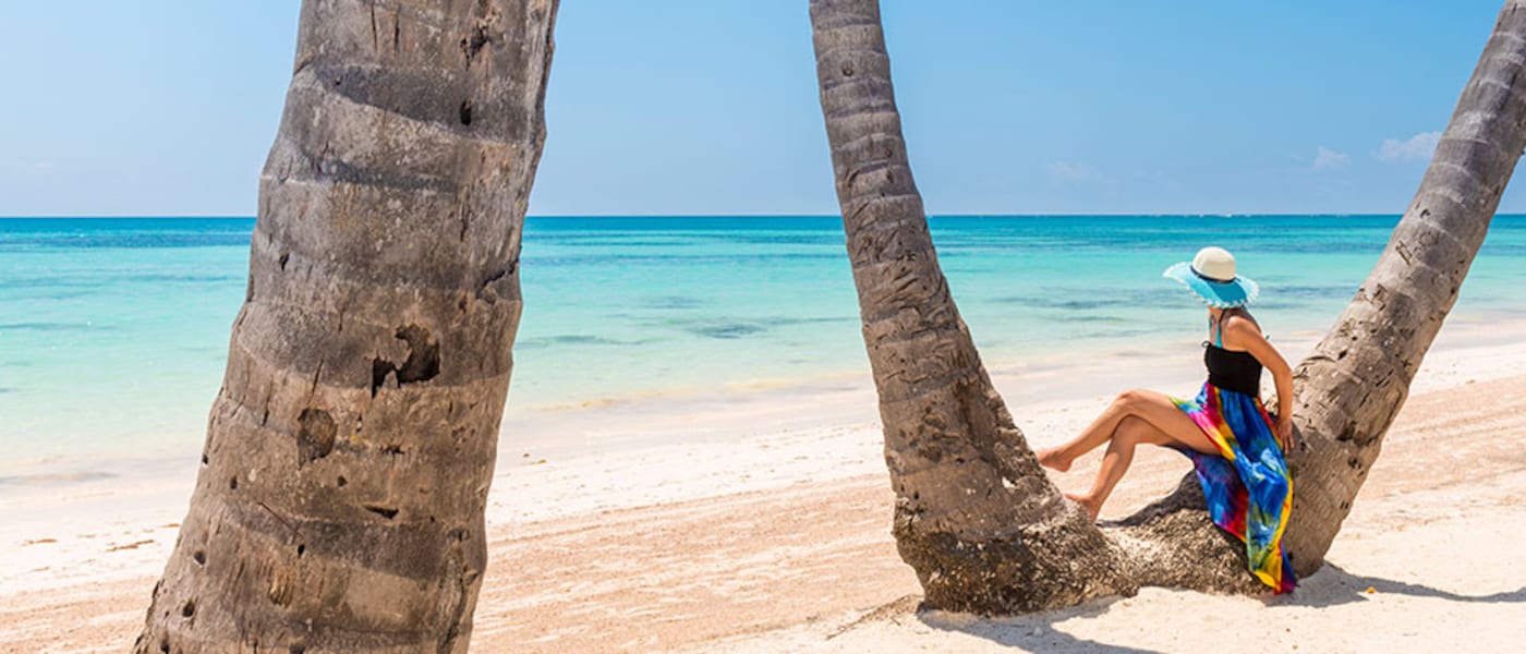 Woman sitting under a palm tree at the beach