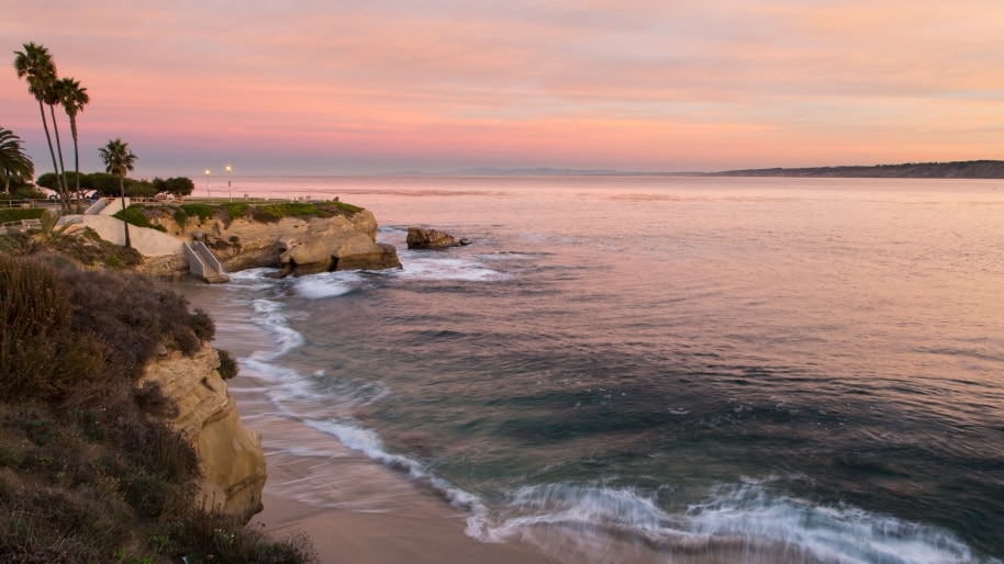Scenic La Jolla Cover in San Diego, California at sunset.