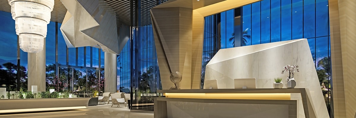 A luxurious hotel lobby.