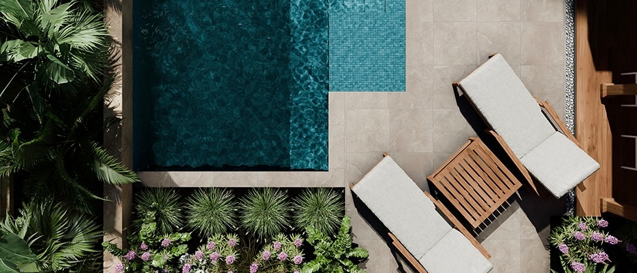 An overhead view of a modern outdoor pool and patio.