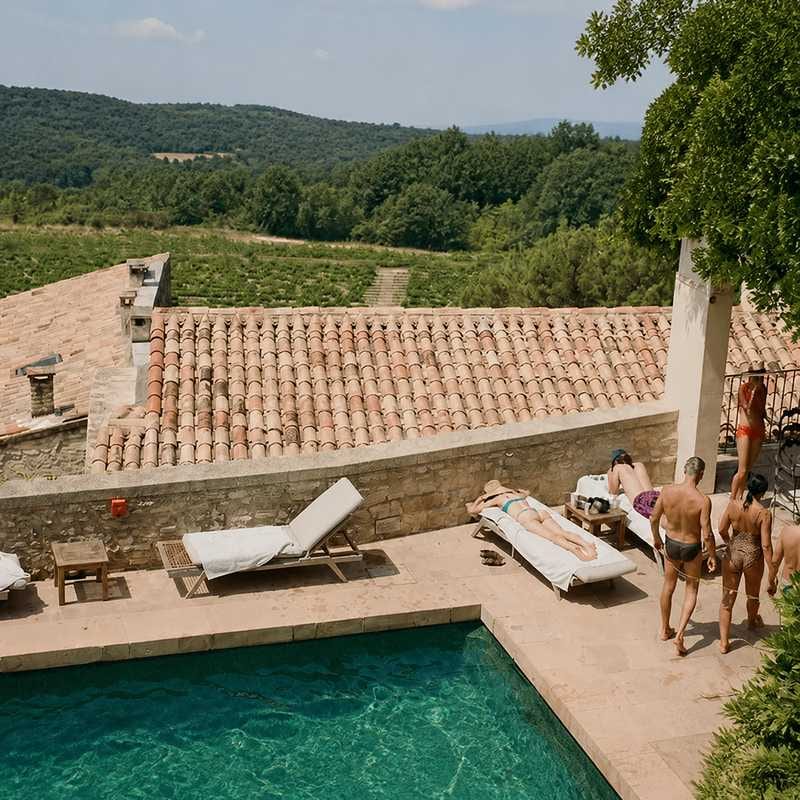 Des personnes se détendent au bord d’une piscine surplombant de vastes vignobles au cœur d’un paysage vallonné et pittoresque.