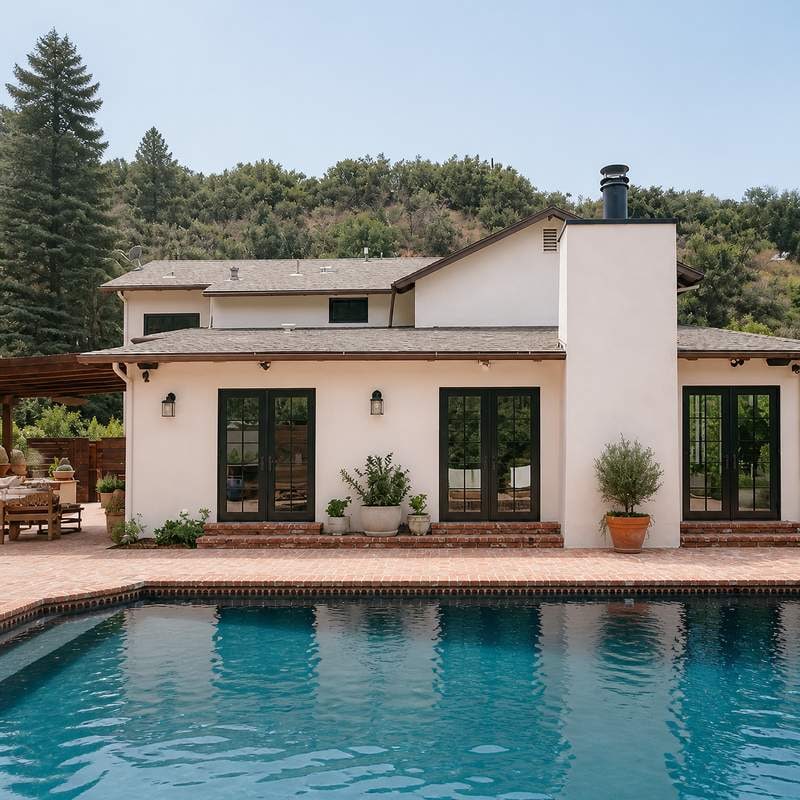 Rückansicht eines Hauses im mediterranen Stil mit gepflasterter Terrasse, Pool und Hügel im Hintergrund. 