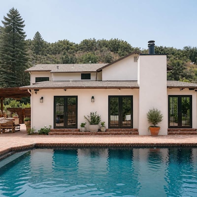 Rückansicht eines Hauses im mediterranen Stil mit gepflasterter Terrasse, Pool und Hügel im Hintergrund.